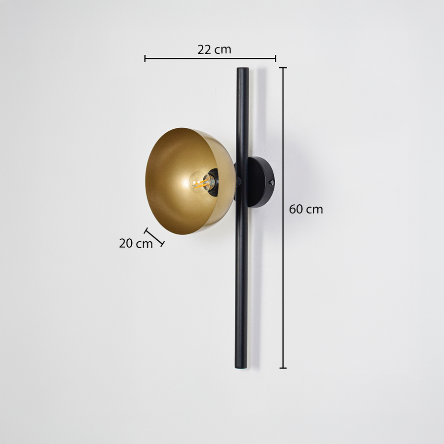 Wall light dimensions image showing 60 cm height with 22 cm width and 20 cm shade depth highlighting the sleek gold and black wall light design.
