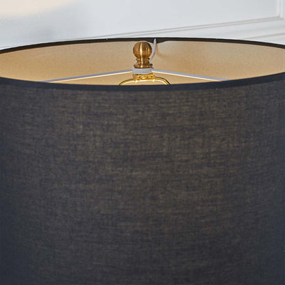 Closeup of table lamp shade top showing dark fabric texture gold metal finial and refined detailing for premium interior lighting.
