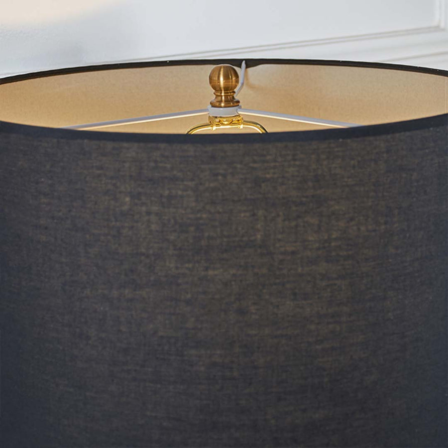 Closeup of table lamp shade top showing dark fabric texture gold metal finial and refined detailing for premium interior lighting.