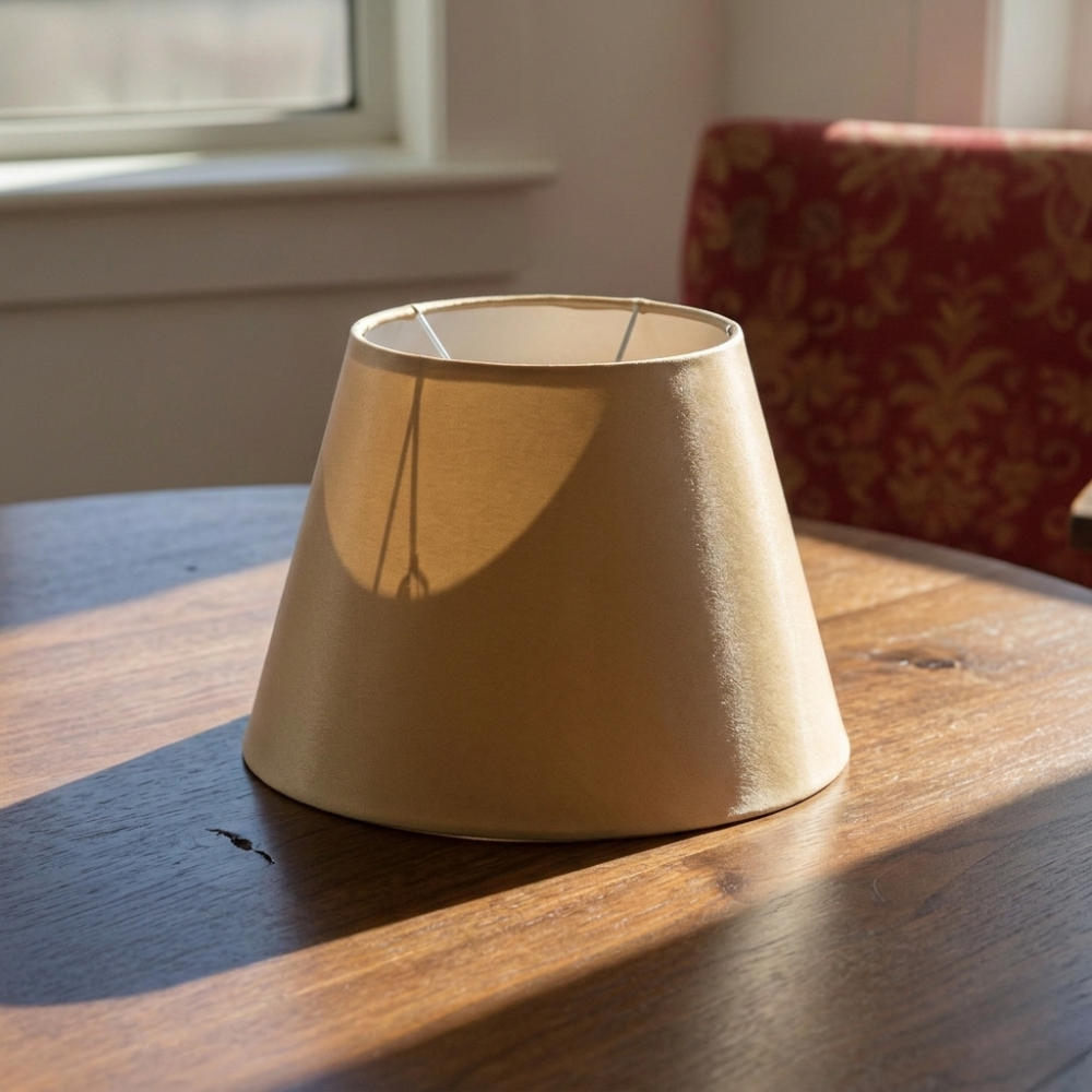 Natural jute fabric table lamp placed on a wooden surface adding warm ambient lighting to cozy living spaces.