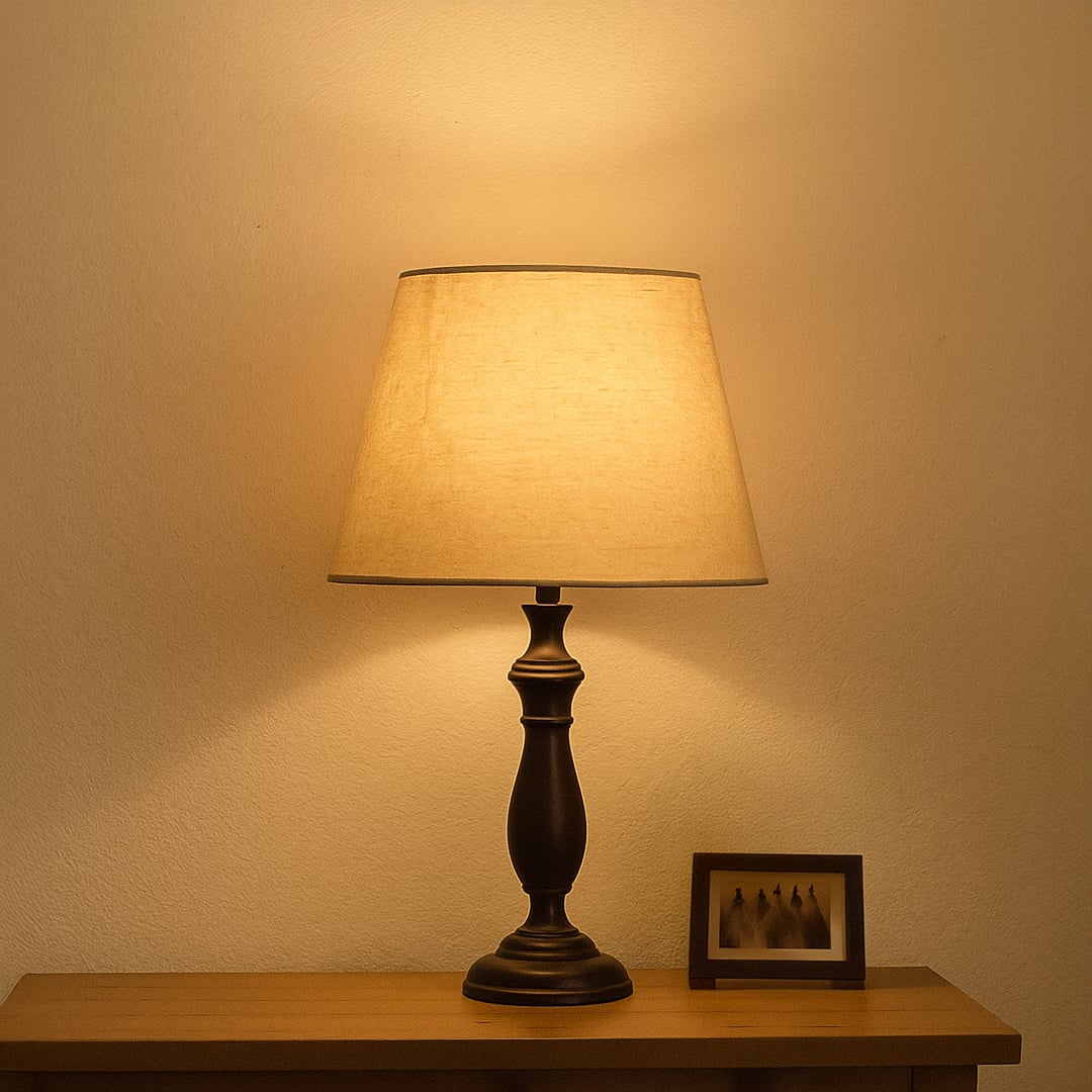 Elegant beige lampshade styled in a warm modern room setting adding soft decorative charm and a natural neutral tone that enhances cozy interior lighting appeal.