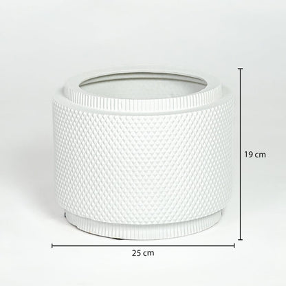 White ceramic planter measuring 19 cm height and 25 cm width perfect for indoor plants and tabletop decor styling.