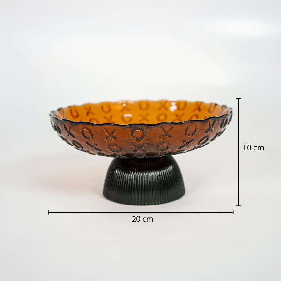 Amber glass decorative bowl with black pedestal base showing product dimensions for modern tabletop decor displays.