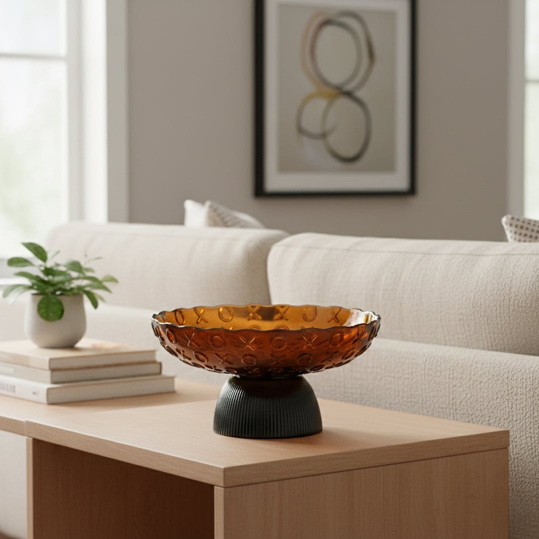 Amber decorative bowl styled on a coffee table creating an elegant focal point in modern home decor settings.
