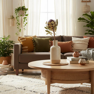 Boho living room with ceramic vase on wooden coffee table styled with dried florals warm neutral decor and natural light.