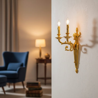 Luxury gold metal crystal wall light lifestyle image in cozy living room with warm ambient classic wall decor.