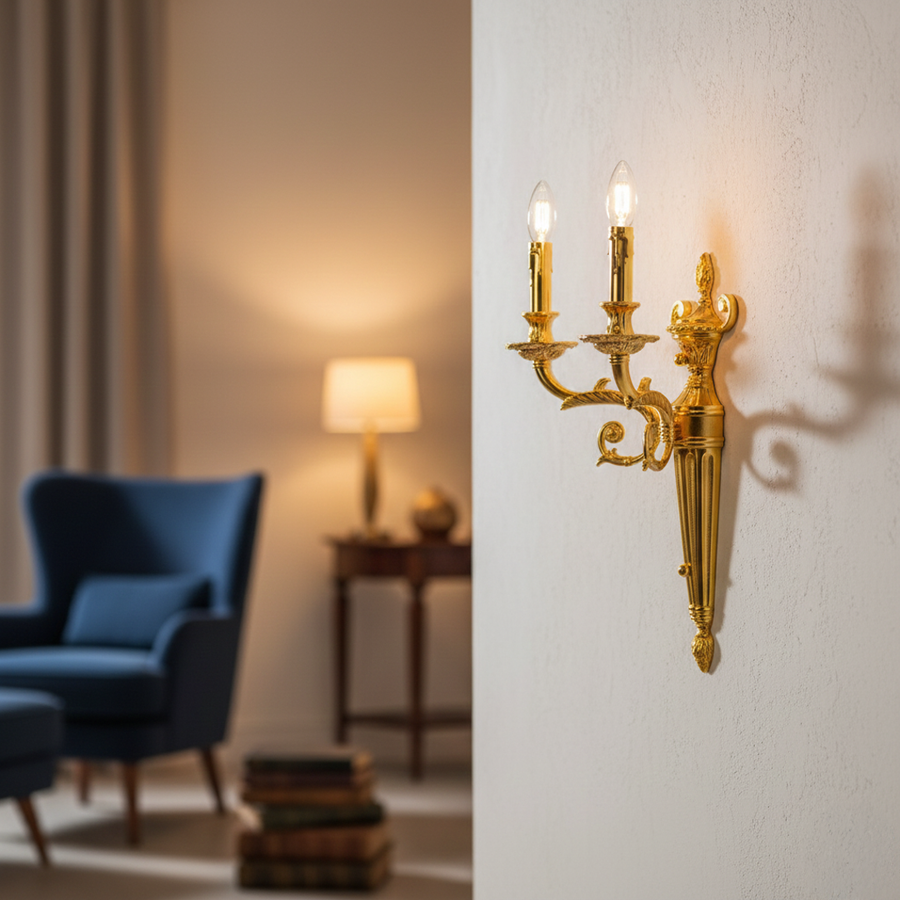 Luxury gold metal crystal wall light lifestyle image in cozy living room with warm ambient classic wall decor.