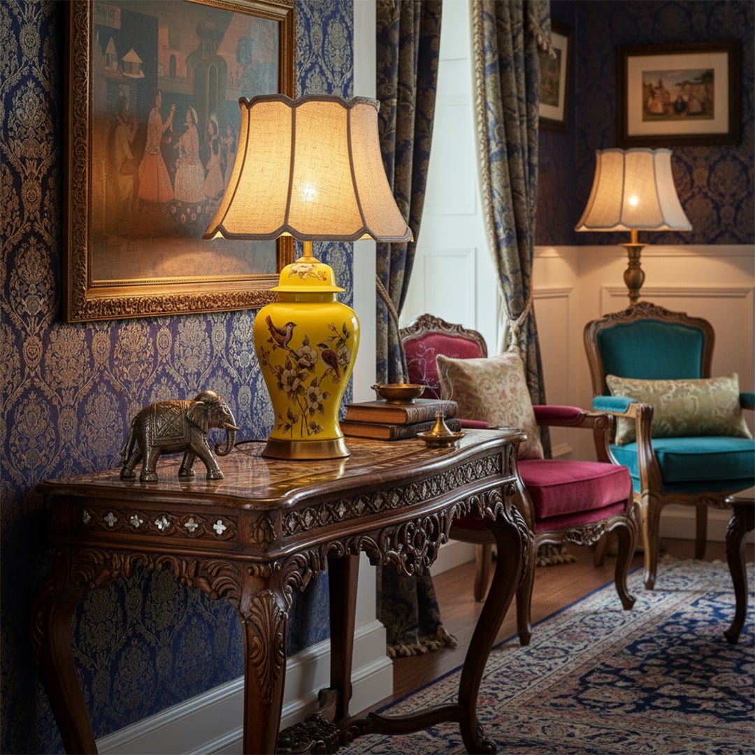 Decorative table lamp with patterned ceramic base and fabric shade placed in vintage style living room adding rich warmth and timeless decor.