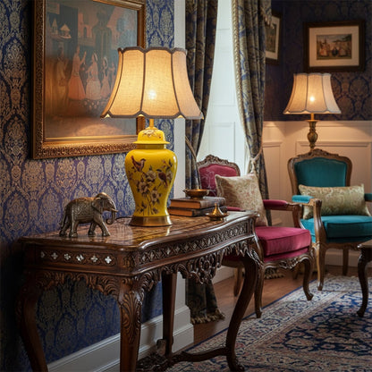 Decorative table lamp with patterned ceramic base and fabric shade placed in vintage style living room adding rich warmth and timeless decor.
