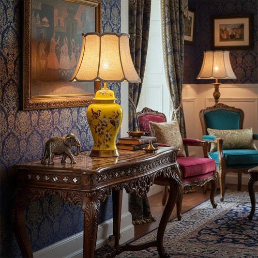 Decorative table lamp with patterned ceramic base and fabric shade placed in vintage style living room adding rich warmth and timeless decor.