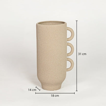 Beige ceramic decorative vase showing 18 cm width 14 cm depth and 31 cm height ideal for console table decor display.