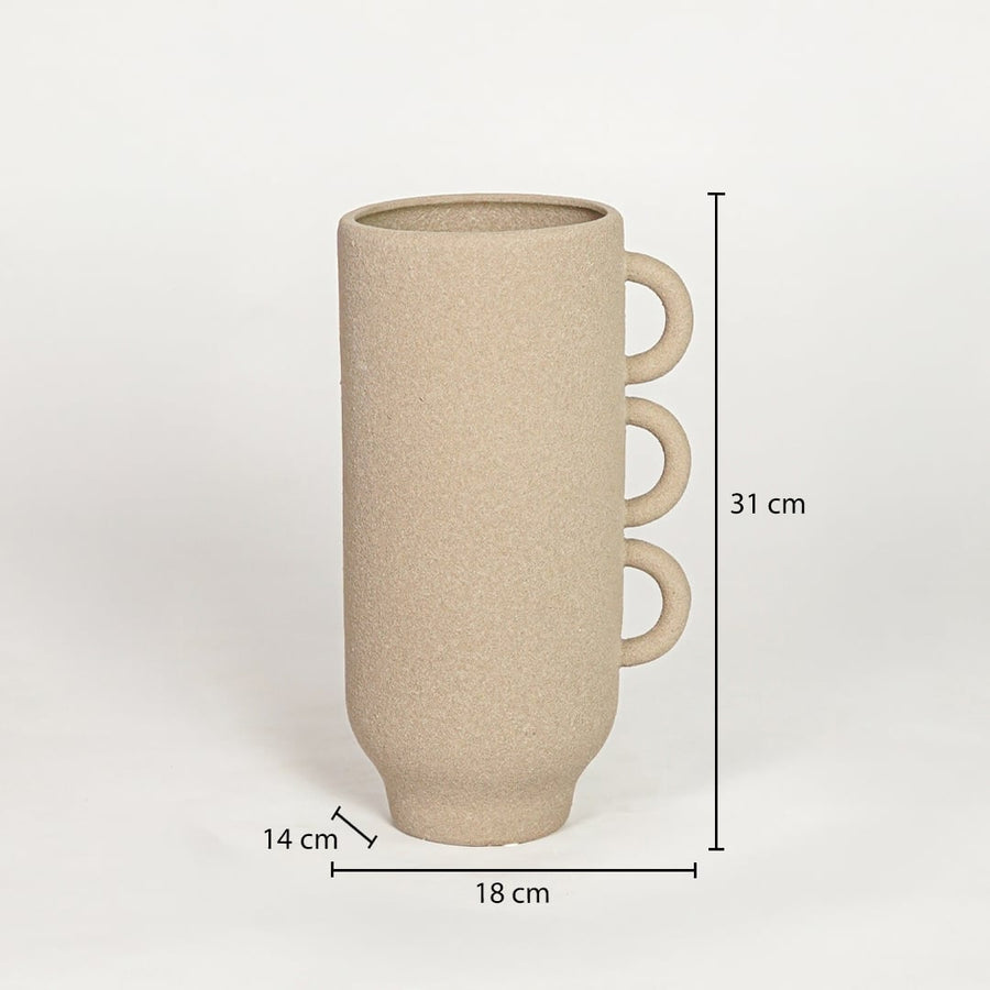 Beige ceramic decorative vase showing 18 cm width 14 cm depth and 31 cm height ideal for console table decor display.