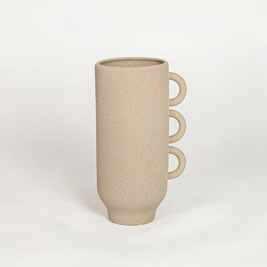 Modern beige ceramic textured decorative vase with triple handles ideal for console table shelf and stylish home decor.