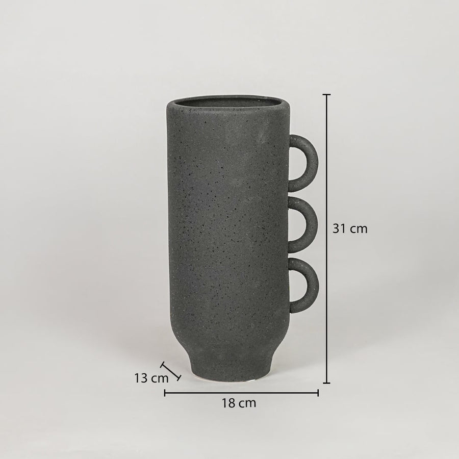 Black ceramic decorative flower vase size 31 cm height 18 cm length 13 cm width matte finish modern home decor vase dimension image.