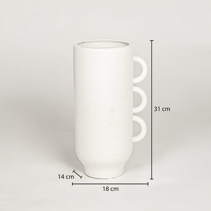 White ceramic decorative vase showing 18 cm width 14 cm depth and 31 cm height ideal for console table decor display.