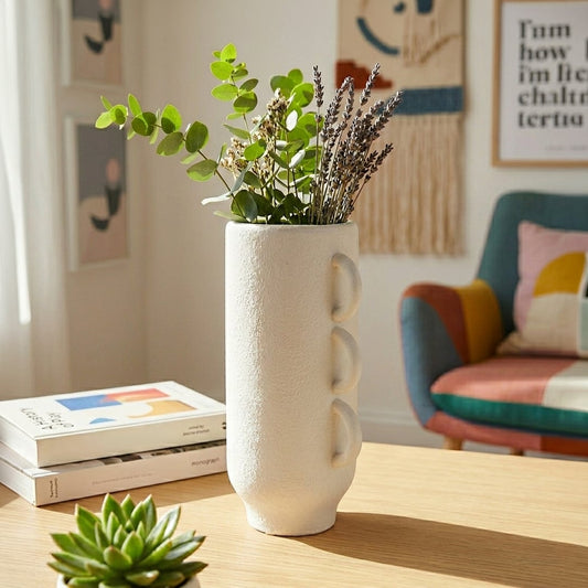 White ceramic decorative vase with triple handle design perfect for dried flower display on console table and modern home decor.