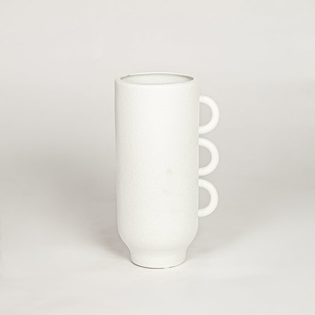 Modern white ceramic decorative vase with triple handles ideal for console table shelf styling and minimalist home decor.