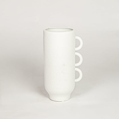 Modern white ceramic decorative vase with triple handles ideal for console table shelf styling and minimalist home decor.