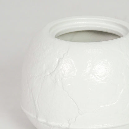 Closeup image of white ceramic round vase for elegant tabletop decor styling with subtle textured matte finish.