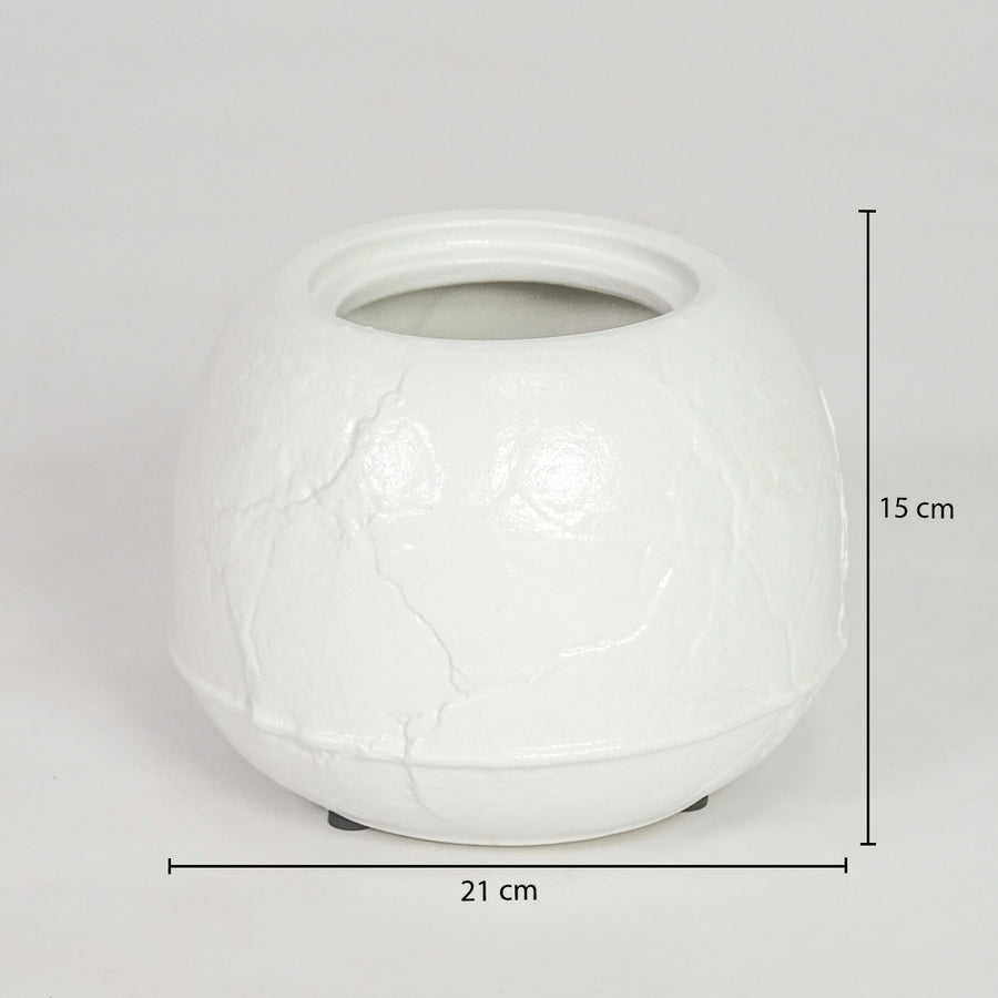 White ceramic planter bowl dimension image with 15 cm height and 21 cm width for modern tabletop decor.