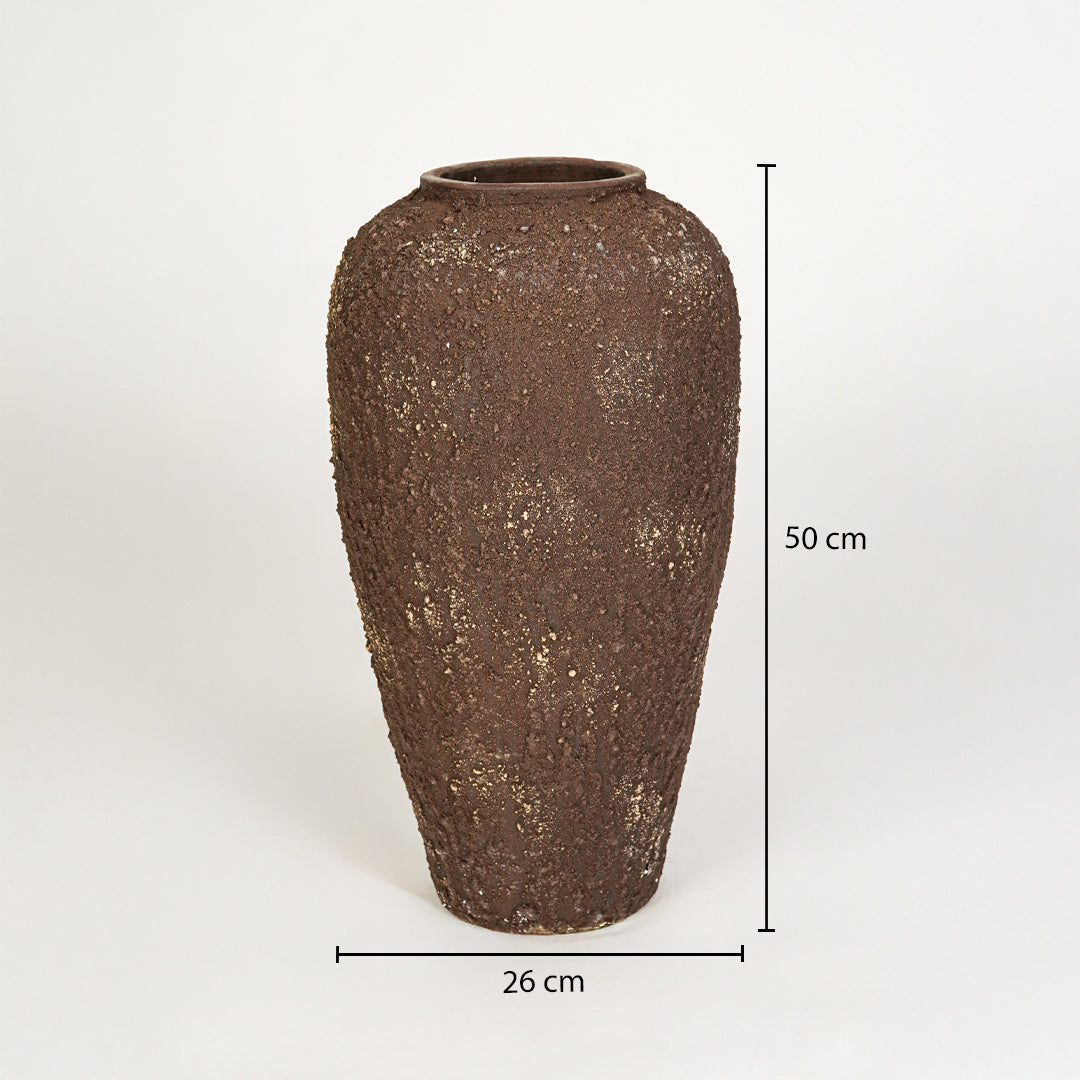 Dimension image of brown ceramic floor vase for elegant interior decor styling with rustic textured finish.
