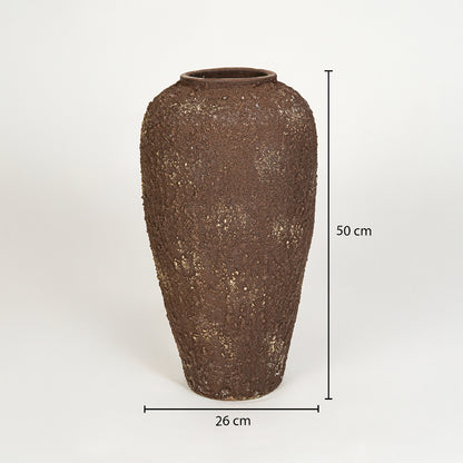 Dimension image of brown ceramic floor vase for elegant interior decor styling with rustic textured finish.