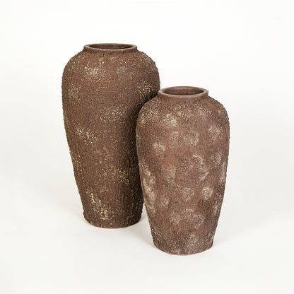 White background image of brown ceramic vase set for elegant floor decor styling with artistic textured finish.