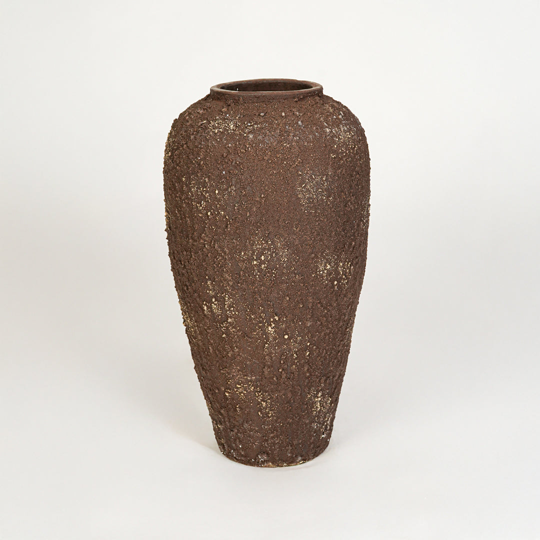 White background image of brown ceramic floor vase for elegant interior decor styling with rustic textured finish.