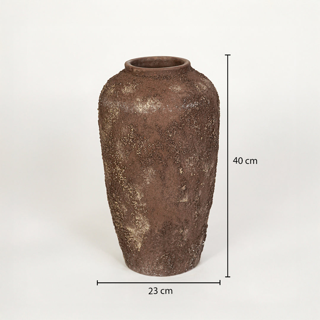 Dimension image of brown ceramic floor vase for elegant home decor styling with rustic matte finish.