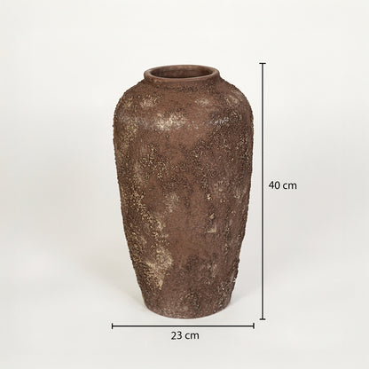 Dimension image of brown ceramic floor vase for elegant home decor styling with rustic matte finish.