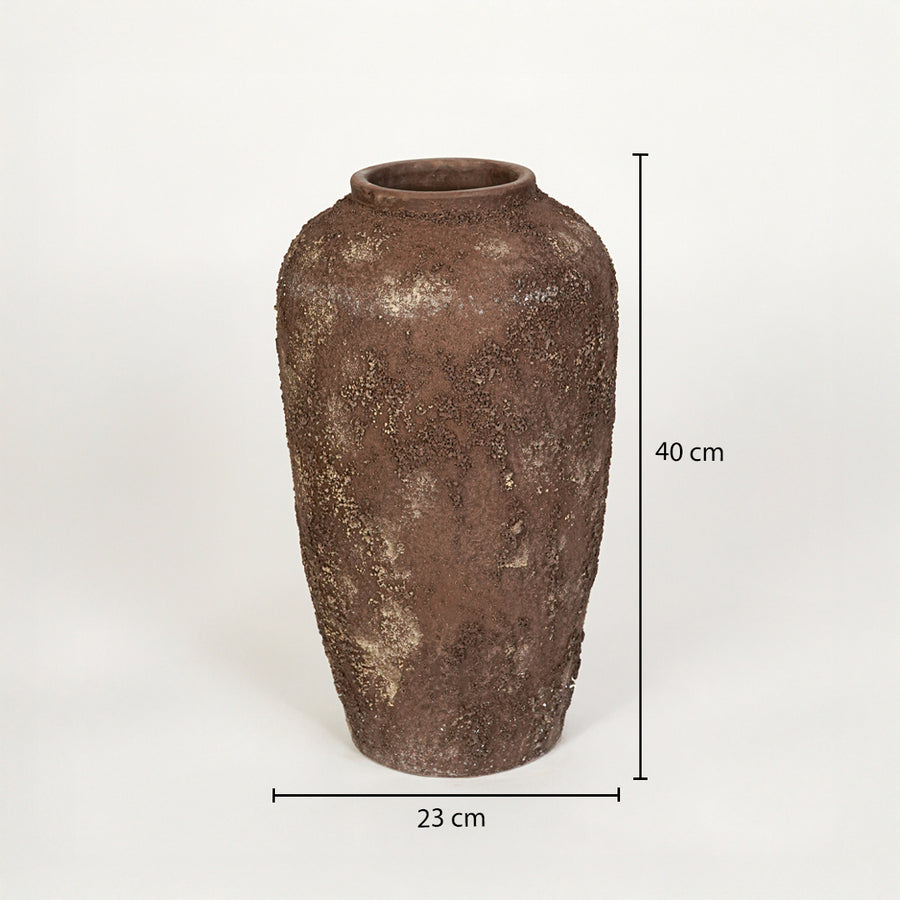 Dimension image of brown ceramic floor vase for elegant home decor styling with rustic matte finish.