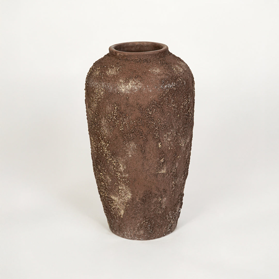 White background image of brown ceramic floor vase for elegant interior decor styling with textured finish.