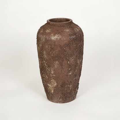 White background image of brown ceramic floor vase for elegant interior decor styling with textured finish.