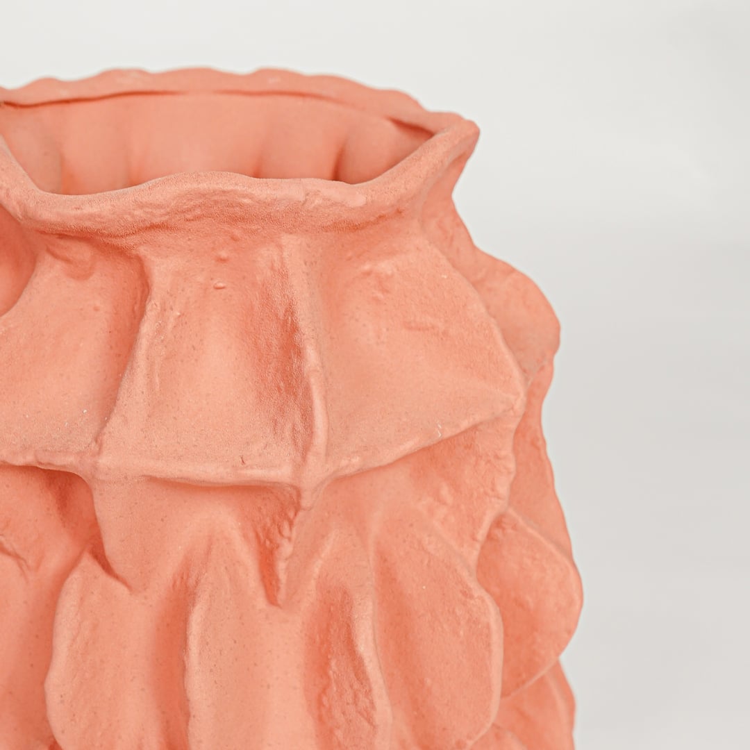 Terracotta ceramic decorative vase with detailed petal textured surface perfect for dried floral display and elegant interior decor styling.