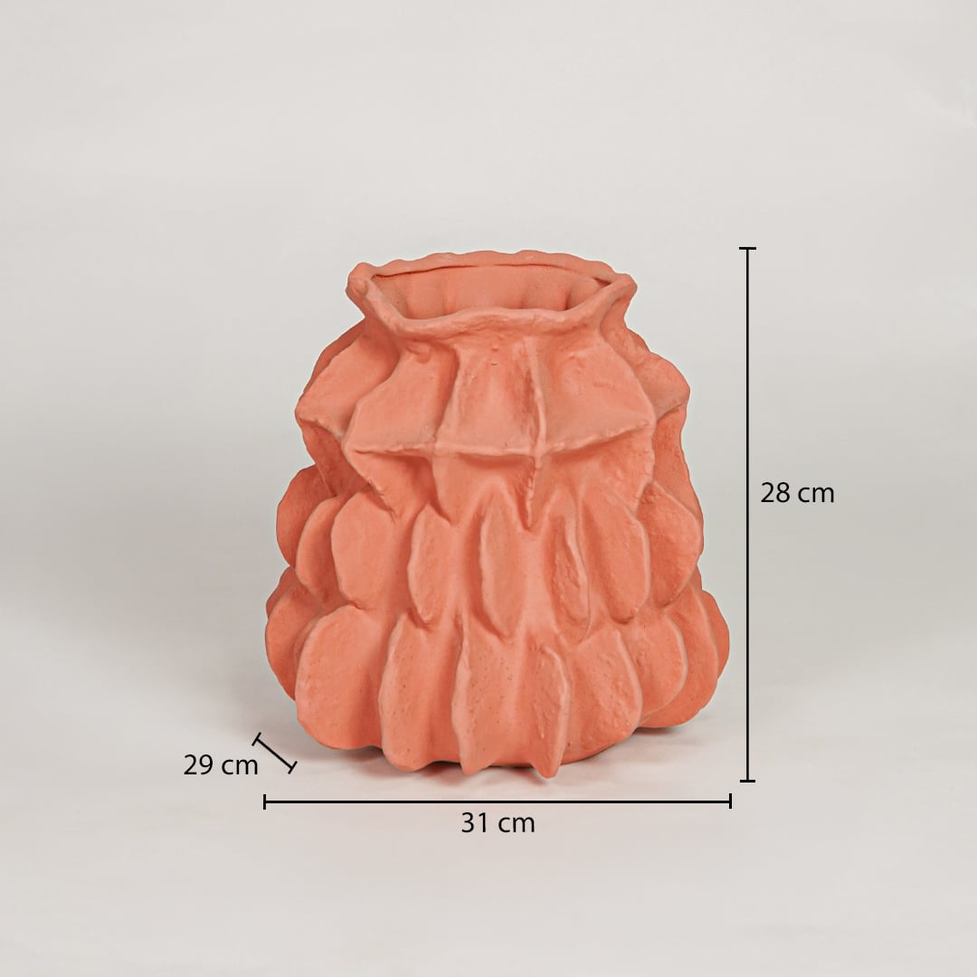 Terracotta ceramic decorative vase showing 31 cm width 29 cm depth and 28 cm height ideal for console table decor display.