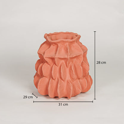 Terracotta ceramic decorative vase showing 31 cm width 29 cm depth and 28 cm height ideal for console table decor display.