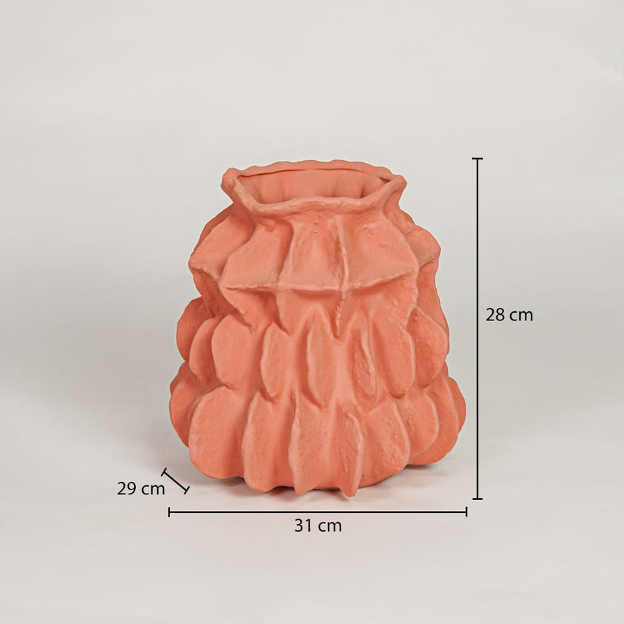 Terracotta ceramic decorative vase showing 31 cm width 29 cm depth and 28 cm height ideal for console table decor display.
