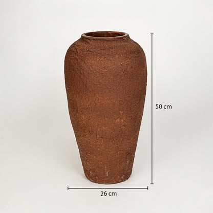 Dimension image of terracotta ceramic floor vase for rustic home decor styling with textured matte finish.