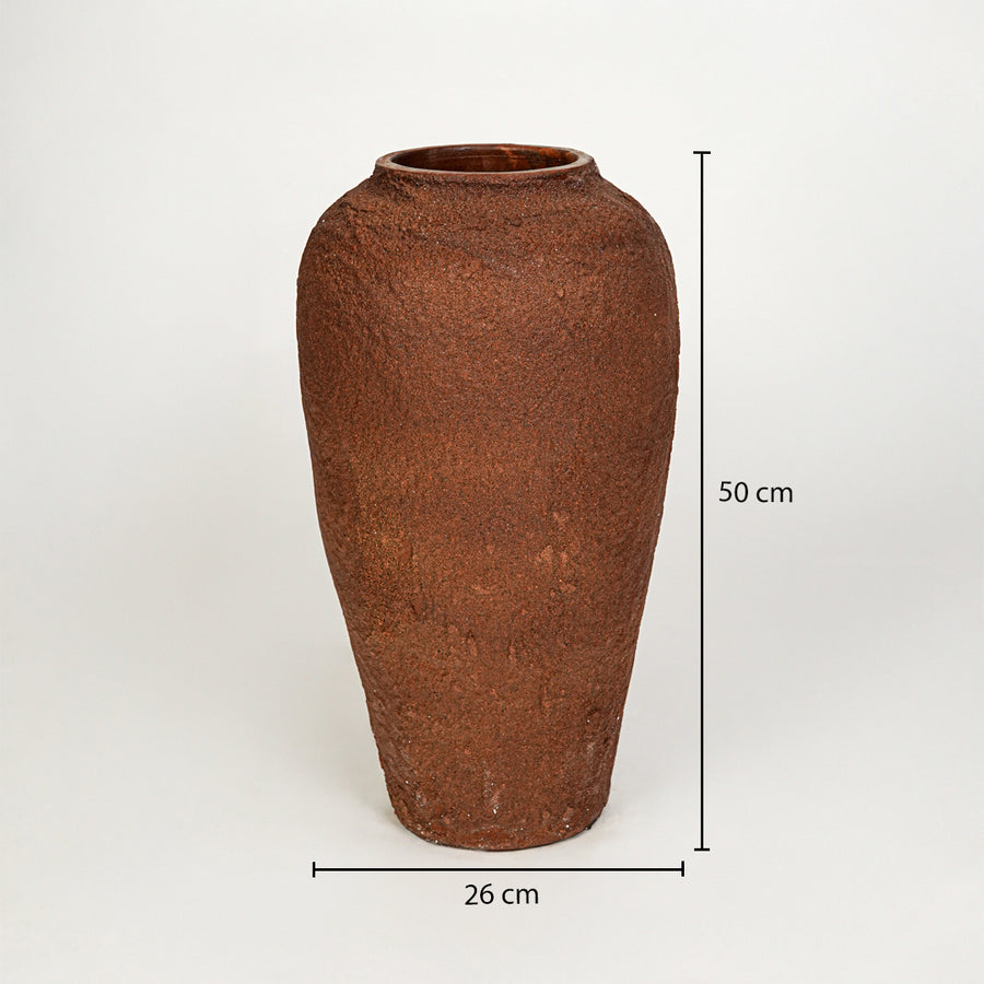 Dimension image of terracotta ceramic floor vase for rustic home decor styling with textured matte finish.