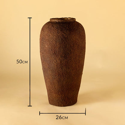 Brown ceramic floor vase measuring 50 cm height and 26 cm width for modern home decor placement.