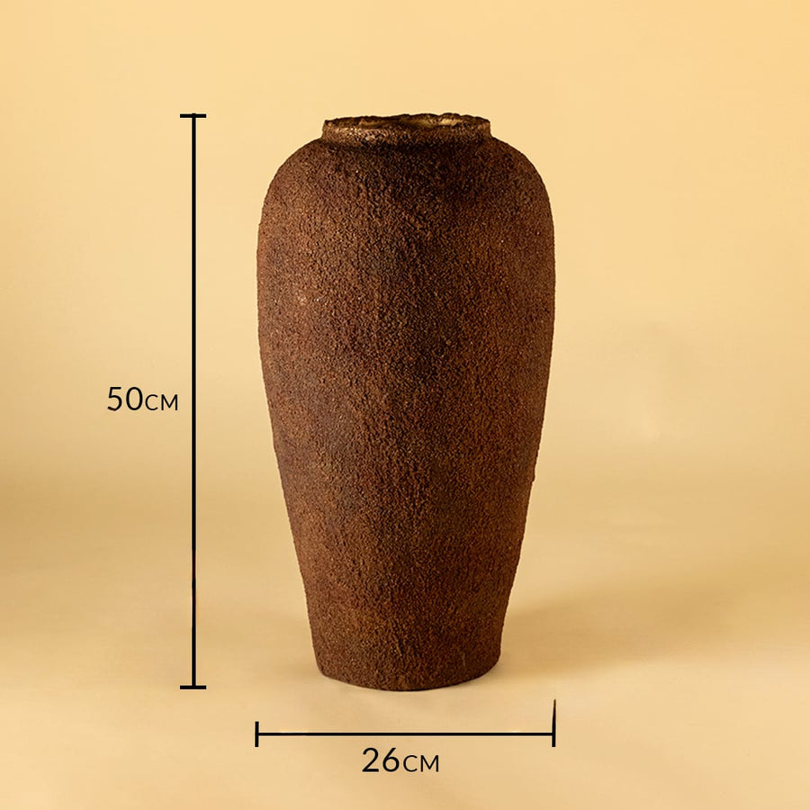 Brown ceramic floor vase measuring 50 cm height and 26 cm width for modern home decor placement.