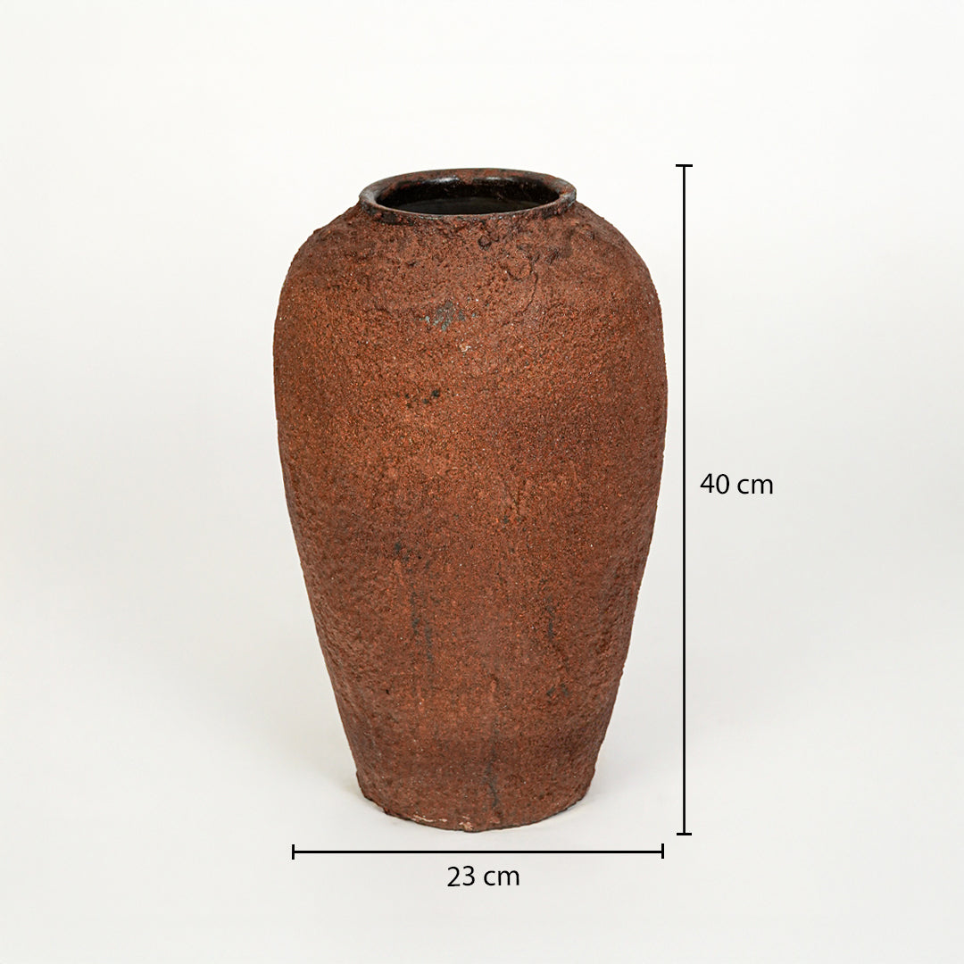 Dimension image of terracotta ceramic floor vase for elegant home decor styling with earthy textured finish.