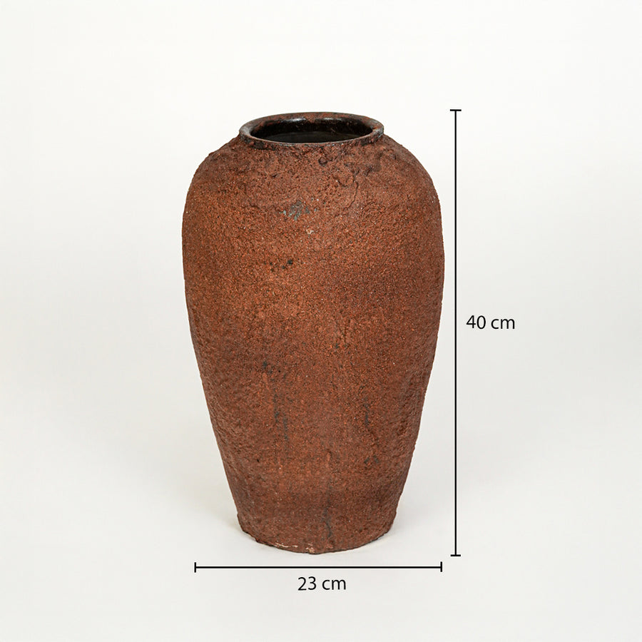 Dimension image of terracotta ceramic floor vase for elegant home decor styling with earthy textured finish.