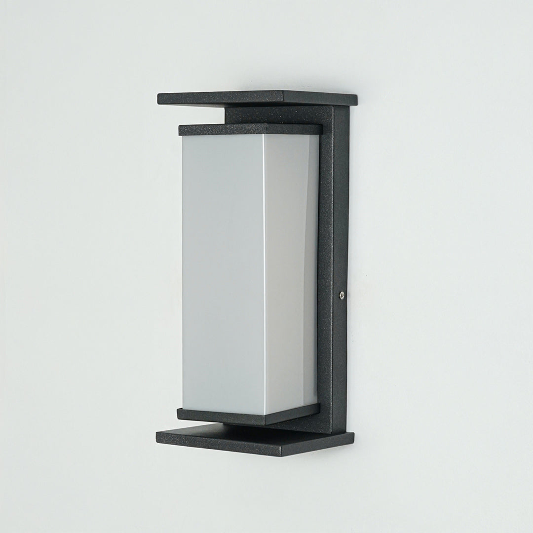 Contemporary black outdoor wall light with frosted glass enclosure on neutral background perfect for modern home exterior decor lighting.

