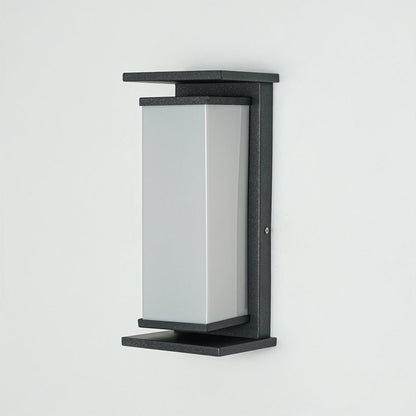Contemporary black outdoor wall light with frosted glass enclosure on neutral background perfect for modern home exterior decor lighting.

