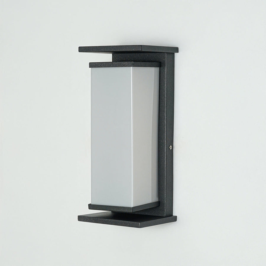Contemporary black outdoor wall light with frosted glass enclosure on neutral background perfect for modern home exterior decor lighting.

