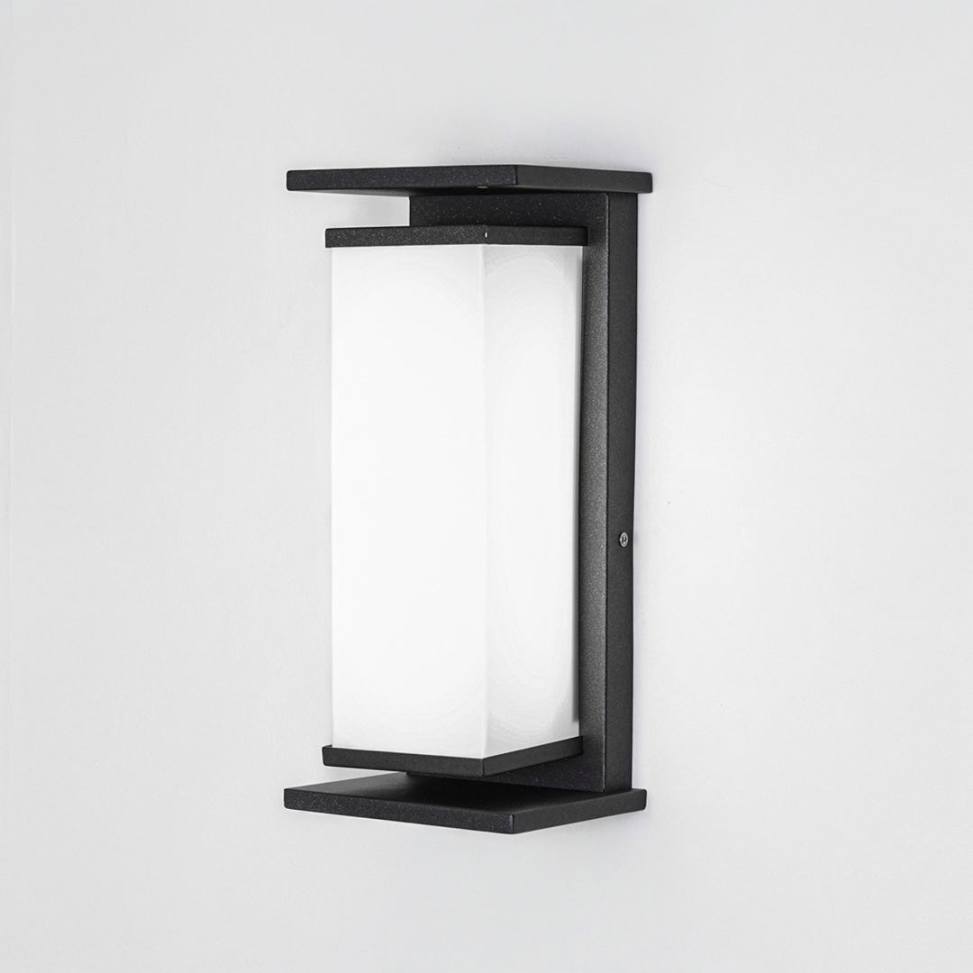 Minimal outdoor wall light with rectangular metal frame and frosted glass shade on clean background ideal for contemporary exterior lighting.