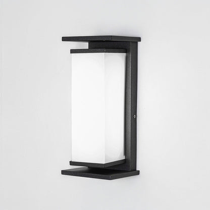 Minimal outdoor wall light with rectangular metal frame and frosted glass shade on clean background ideal for contemporary exterior lighting.