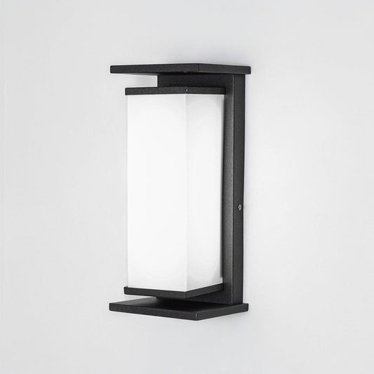 Minimal outdoor wall light with rectangular metal frame and frosted glass shade on clean background ideal for contemporary exterior lighting.
