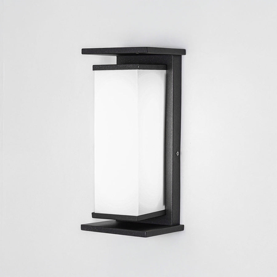 Minimal outdoor wall light with rectangular metal frame and frosted glass shade on clean background ideal for contemporary exterior lighting.